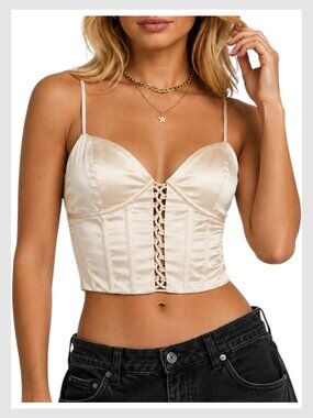 Oh Polly Bustier Crop Top Cream Champagne Satin Corset 4 S